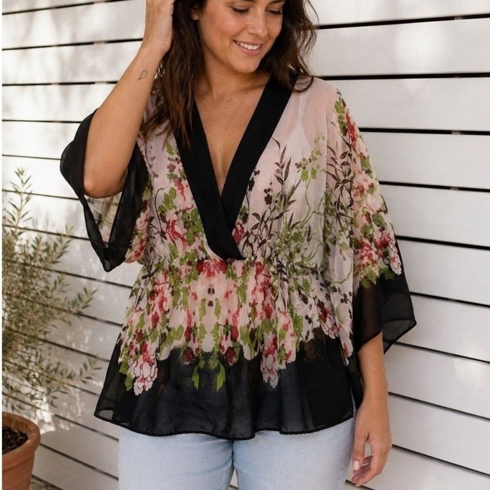 Suzy Shier Floral Kimono Top Womens Large Pink Green Sheer V-Neckβ Peplum Blouse